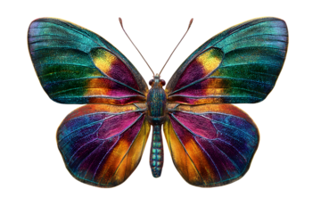 A vibrant iridescent butterfly with wings showcasing a spectrum of colors against a black background