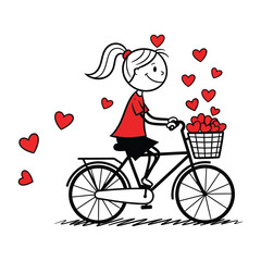 Cheerful Girl Riding a Bicycle with a Basket Full of Hearts Surrounded by Floating Hearts, Symbolizing Love and Joy, Perfect for Valentine s Day or Romantic Themes