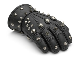 Ornate black leather gauntlet heavily decorated with metallic studs and sharp spikes