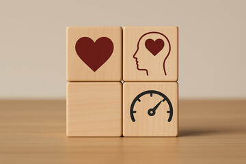 Wooden Blocks with Heart, Mind and Stress Level Icons Representing Emotional Wellbeing and Resilience