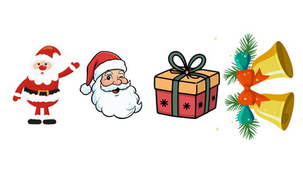 Festive Christmas SVG illustration set featuring Santa Claus, gift box, bell, and holiday elements. Perfect for holiday designs, cards, decorations, and seasonal projects.