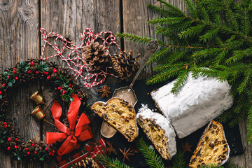 Stollen with filling of raisins, candied fruit