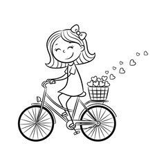 Cheerful Girl with a Bow Riding a Bicycle with a Basket Full of Hearts, Spreading Love and Joy on a Sunny Day