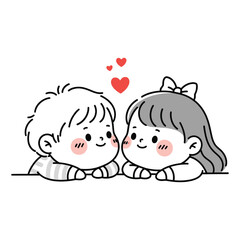 Cute Cartoon Couple in Love - Romantic Illustration of a Happy Couple Lying Down Together, Smiling and Blushing with Hearts Floating Above, Perfect for Valentine s Day and Romantic Themes