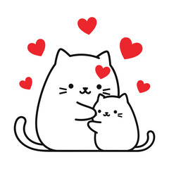 Cute Cat Family with Hearts - Adorable Illustration of Loving Cats Hugging, Surrounded by Red Hearts, Symbolizing Love, Affection, and Family Bond