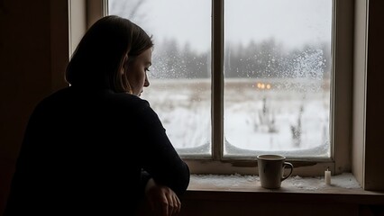 A solitary woman, silhouetted against a frosty windowpane, finds a moment of quiet reflection amidst the cold embrace of winter, contemplating the view outside