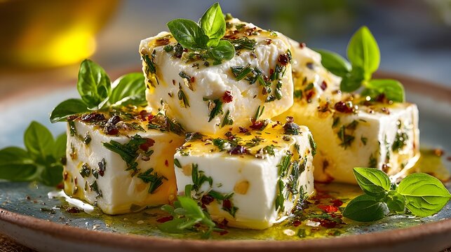 Close-up of appetizer cubes of feta cheese marinated in golden olive oil and sprinkled with herbs and fresh basil leaves on a white plate.