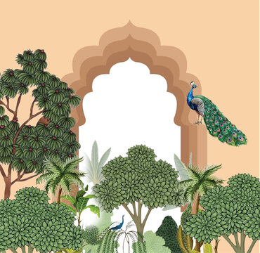 Traditional Mughal temple lattice wall peacock tree pattern illustration, Traditional Mughal forest, garden, arch, peacock, bird illustration. vector mural plant wallpaper Rajasthan