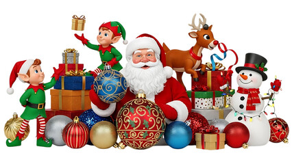 Santa Claus elves reindeer and snowman with Christmas gifts and ornaments
