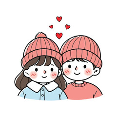 Cute Couple Wearing Matching Pink Beanies, Smiling and Blushing with Hearts, Illustration of Love, Warmth, and Togetherness