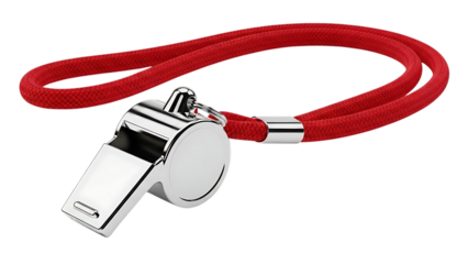 Silver metal whistle with red cord on black background
