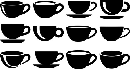 Coffee Cups Silhouette Set, Black Mug and Teacup Shapes