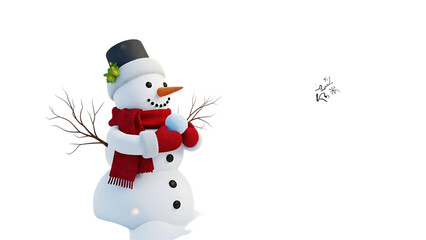 Snowman wearing red scarf and hat holding snowball