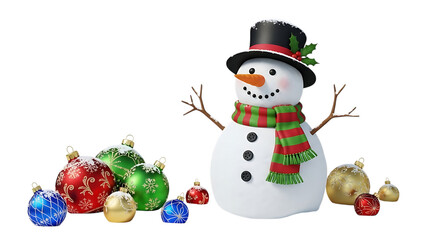 Snowman with Christmas Ornaments on Black Background