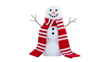 White snowman with red striped scarf and black button eyes