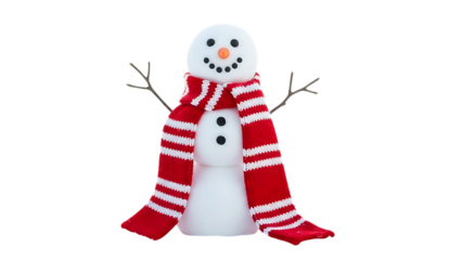 White snowman with red striped scarf and black button eyes
