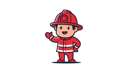 Happy cartoon firefighter in red uniform and helmet smiling and waving hand on an isolated white background.