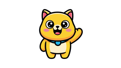 Cute cartoon yellow cat with a friendly smiling face waving its hand on an isolated white background.