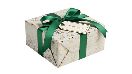 Wrapped gift box with green ribbon and ' For You' tag