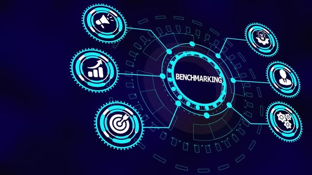 Business benchmarking concept with digital icons illustrating performance comparison, analytics evaluation, competitive standards, and optimization insight.