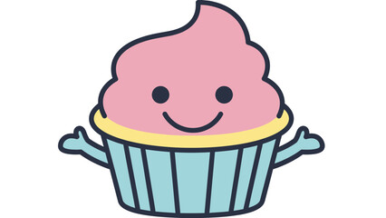 Happy cute cartoon cupcake with pink frosting and blue wrapper waving, isolated white background.