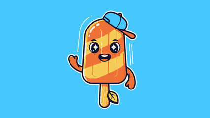 Happy cute cartoon popsicle character wearing a blue cap and waving, smiling cheerfully in a bright blue background.
