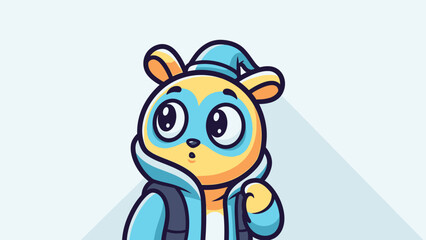 Cute cartoon animal character wearing a blue beanie and hoodie, looking curiously in a bright blue studio.