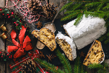 Stollen with filling of raisins, candied fruit