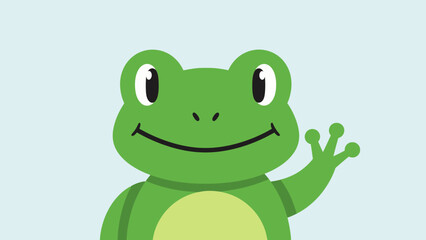 Happy cute cartoon frog waving a friendly greeting in a bright blue studio.