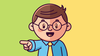 Happy cartoon man with glasses and tie pointing gesture, smiling cheerfully, in a friendly green and yellow background.