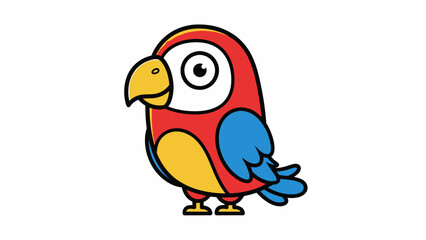 Cute cartoon parrot bird standing happily with red, yellow, and blue feathers on an isolated white background.