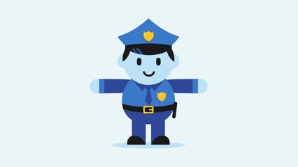Friendly cartoon police officer standing with outstretched arms, signaling a stop or direction in a bright blue studio.