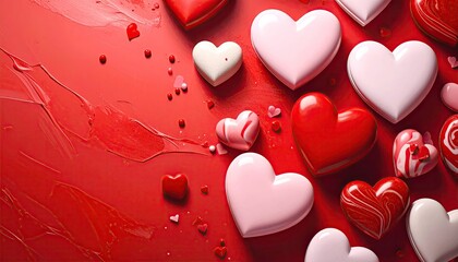 A vibrant collection of red and white heart shapes scattered on a textured red background.