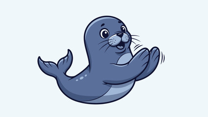 Happy cute cartoon seal waving a friendly greeting, smiling cheerfully in a bright blue studio.