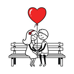 Romantic Couple in Love Sitting on Bench with Heart-Shaped Balloon, Cute Illustration of a Charming Moment, Perfect for Valentine s Day or Anniversary Cards