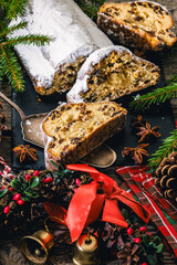 Stollen with filling of raisins, candied fruit
