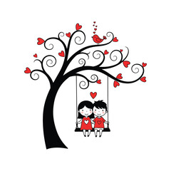 Whimsical Illustration of a Happy Cute Couple Sitting on a Swing Under a Heart-Adorned Tree with Bird for Romantic Playful Atmosphere