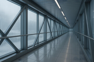 Obraz premium A bright frosty corridor stretches endlessly with steel architecture and winter reflections
