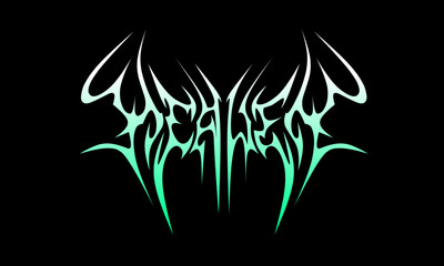 Metal lettering Heaven with gothic tribal style, neon green glow, dark aggressive mood, vector design ideal for t-shirt, sticker, poster, album cover