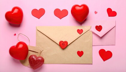 Romantic Valentines Day composition with red hearts and envelopes on pink background.