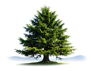 An evergreen conifer stands tall, its dense green foliage bathed in sunlight. Misty mountains sit softly in the background