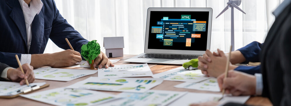 Software development or programming work with coding screen of various programming languages like HTML, , , and C brisk for new application development