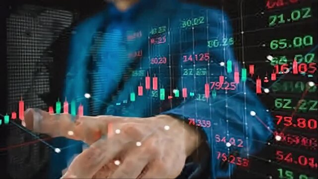 A human hand reaching forward and interacting with a futuristic digital interface displaying stock market data. Colourful candlestick charts, numerical values, and upward and downward t