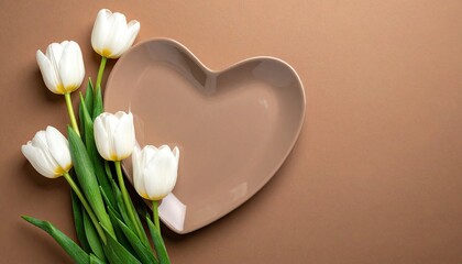 Elegant white tulips arranged beside a heart-shaped plate on a smooth brown surface.