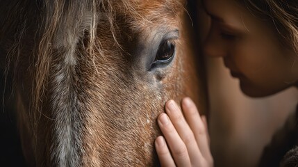 Close up of a young girl gently touching a horses face with a look of deep connection and trust.