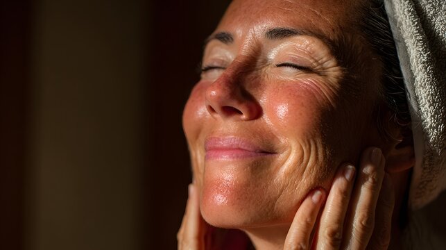 Close up of a womans face with eyes closed enjoying sunlight.