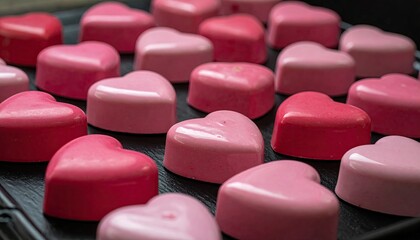 Assortment of Pink and Red Heart Shaped Candies for Valentines Day.