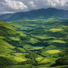 Aerial view of a lush green mountain valley with rolling hills, forests, and a farmhouse under a dramatic cloudy sky.