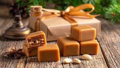 Homemade caramels with nuts and star anise presented as a festive gift on wood.