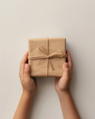 A child holds a holiday gift in their hands &mdash; a minimalist holiday scene